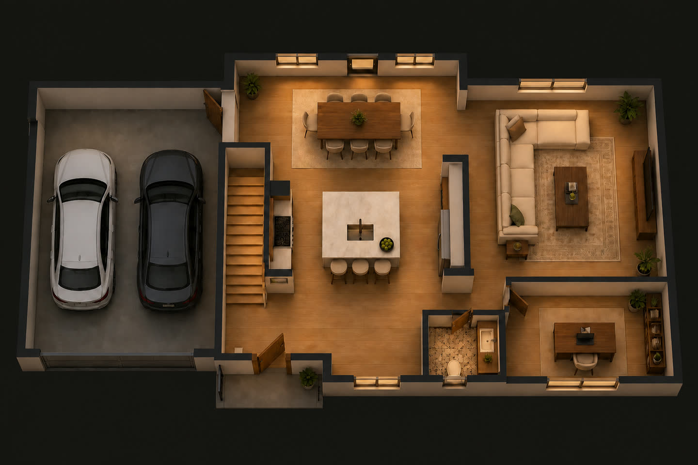 The same house rendered as a lit 3D model at dusk.