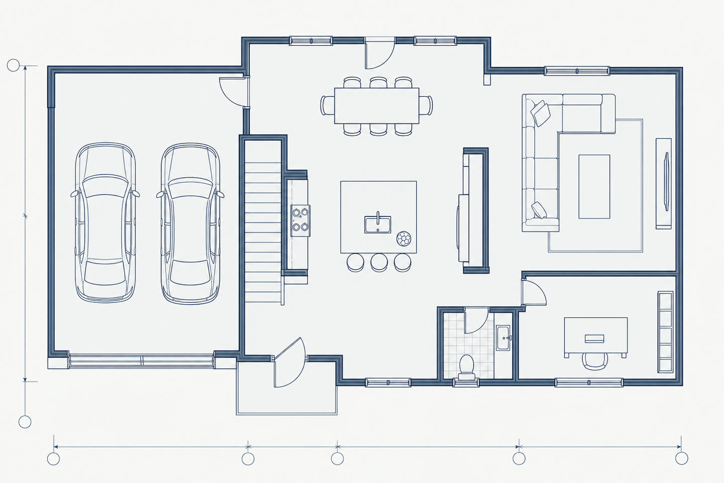 A flat 2D floor plan of a two-car-garage house.
